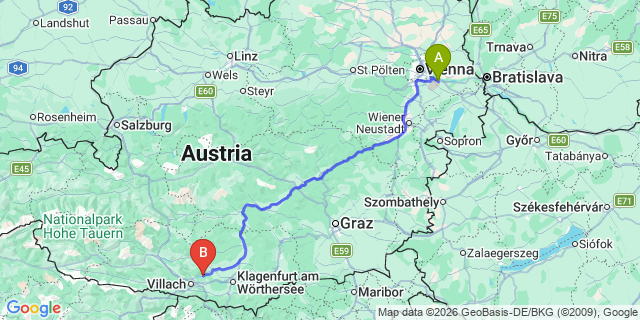 Map: Vienna Airport (VIE) to Ossiach