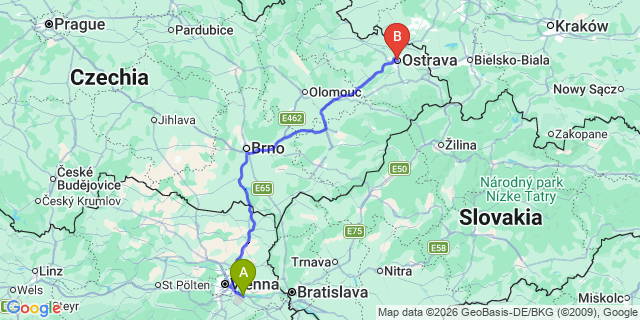 Map: Vienna Airport (VIE) to Ostrava