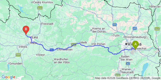 Map: Vienna Airport (VIE) to Ottensheim