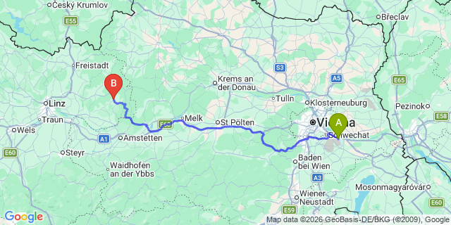 Map: Vienna Airport (VIE) to Pabneukirchen