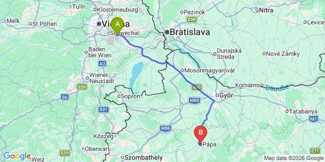 Map: Vienna Airport (VIE) to Pápa