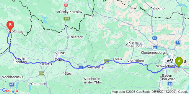 Map: Vienna Airport (VIE) to Passau