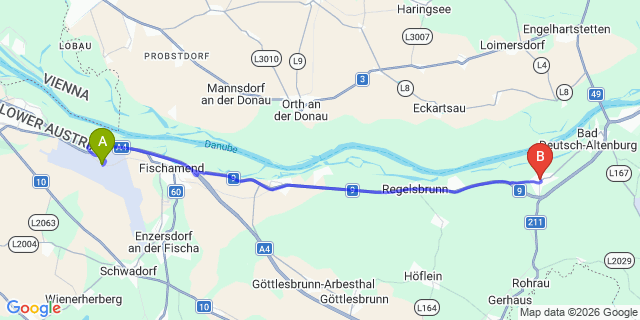 Map: Vienna Airport (VIE) to Petronell-Carnuntum