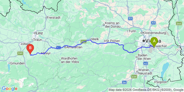 Map: Vienna Airport (VIE) to Pfarrkirchen bei Bad Hall