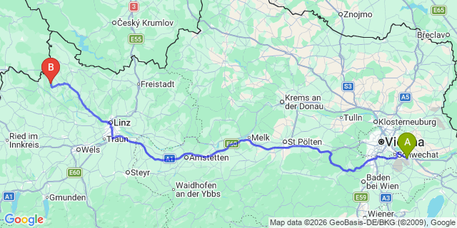 Map: Vienna Airport (VIE) to Pfarrkirchen im Mühlkreis