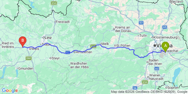Map: Vienna Airport (VIE) to Pichl bei Wels
