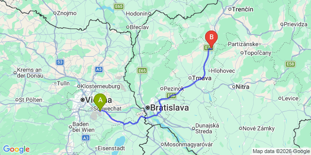 Map: Vienna Airport (VIE) to Piestany