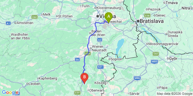 Map: Vienna Airport (VIE) to Pinkafeld