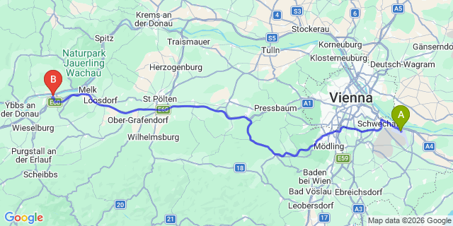 Map: Vienna Airport (VIE) to Pöchlarn