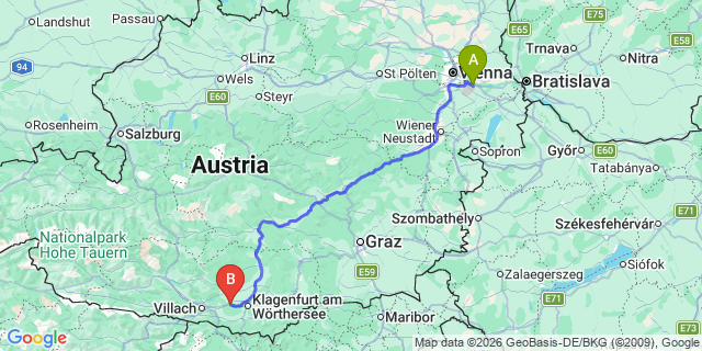 Map: Vienna Airport (VIE) to Pörtschach am Wörthersee
