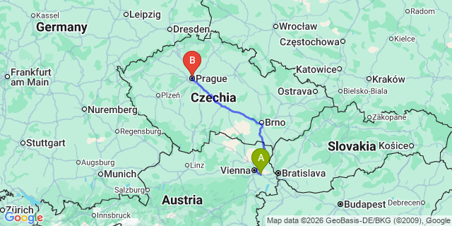 Map: Vienna Airport (VIE) to Prague city (all areas)
