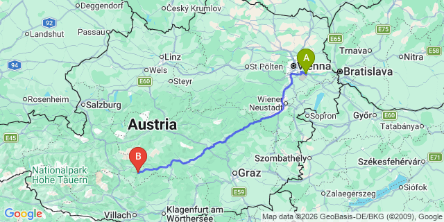 Map: Vienna Airport (VIE) to Predlitz-Turrach