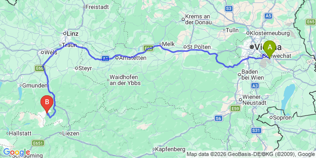 Map: Vienna Airport (VIE) to Priel