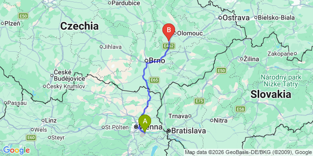 Map: Vienna Airport (VIE) to Prostejov