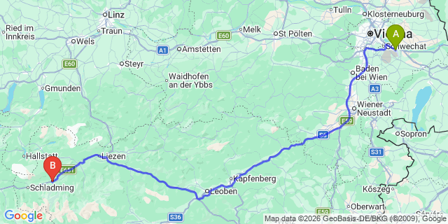 Map: Vienna Airport (VIE) to Pruggern