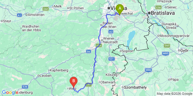 Map: Vienna Airport (VIE) to Puch bei Weiz