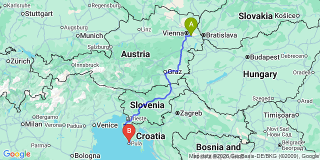 Map: Vienna Airport (VIE) to Pula