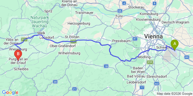 Map: Vienna Airport (VIE) to Purgstall an der Erlauf