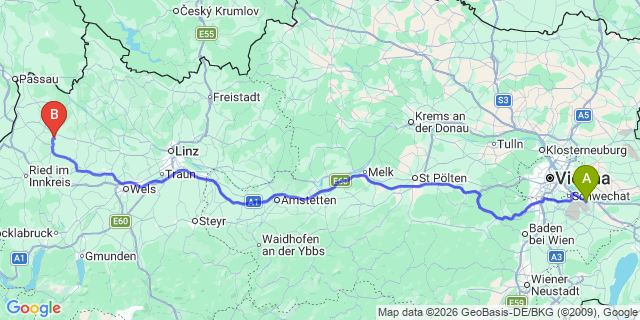 Map: Vienna Airport (VIE) to Raab