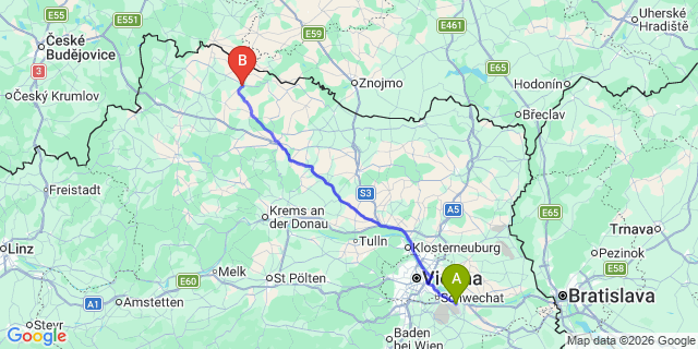 Map: Vienna Airport (VIE) to Raabs an der Thaya