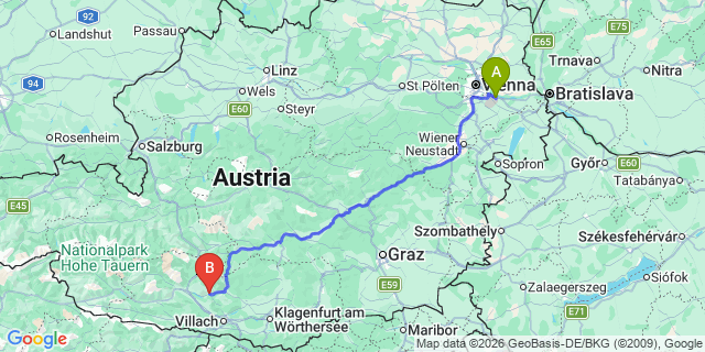 Map: Vienna Airport (VIE) to Radenthein
