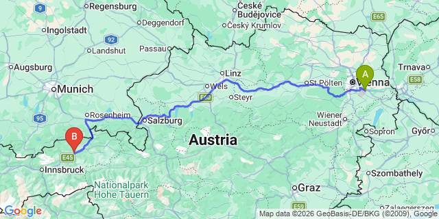 Map: Vienna Airport (VIE) to Radfeld