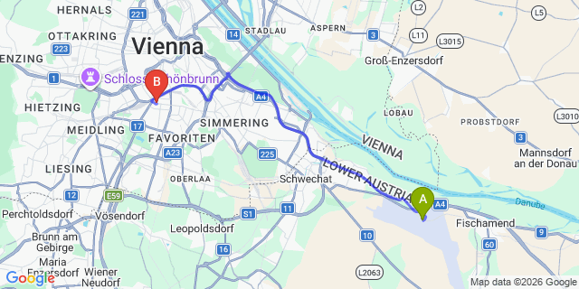 Map: Vienna Airport (VIE) to Rainers Hotel Vienna