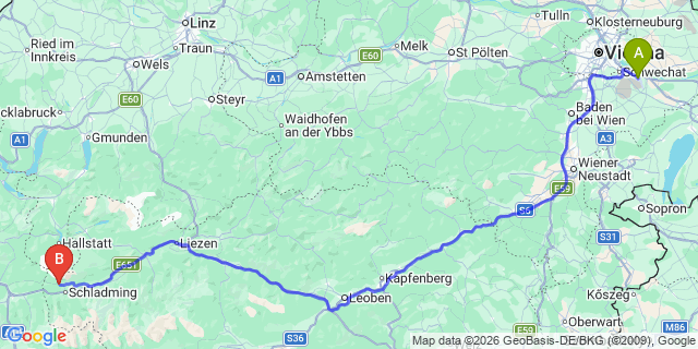 Map: Vienna Airport (VIE) to Ramsau am Dachstein