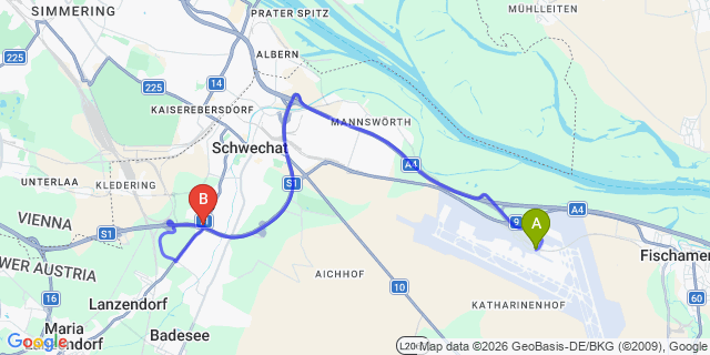 Map: Vienna Airport (VIE) to Rannersdorf