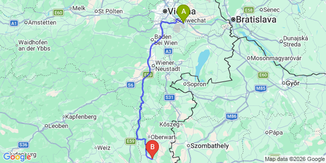 Map: Vienna Airport (VIE) to Rauchwart in Burgenland