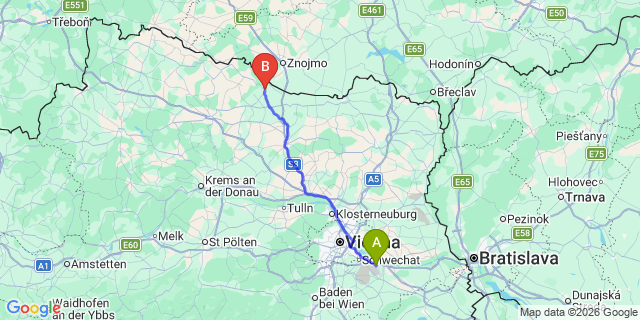 Map: Vienna Airport (VIE) to Retz