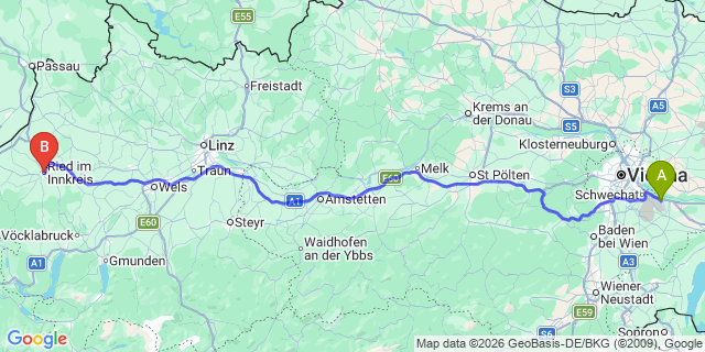 Map: Vienna Airport (VIE) to Ried im Innkreis