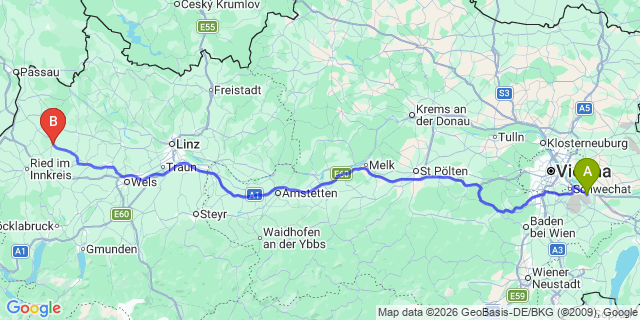 Map: Vienna Airport (VIE) to Riedau
