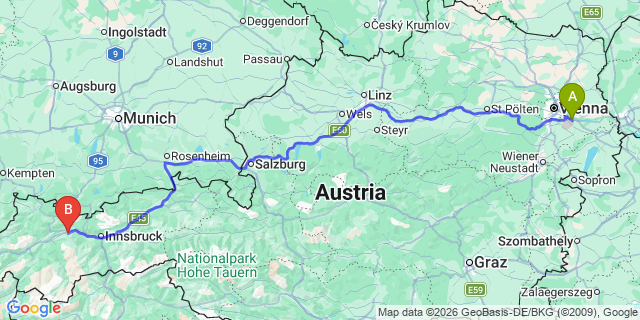Map: Vienna Airport (VIE) to Rietz