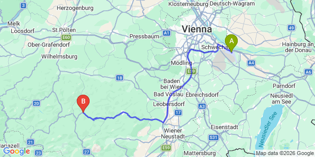 Map: Vienna Airport (VIE) to Rohr im Gebirge