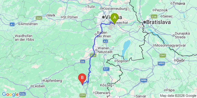 Map: Vienna Airport (VIE) to Rohrbach an der Lafnitz