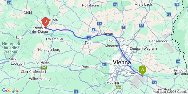 Map: Vienna Airport (VIE) to Rohrendorf bei Krems