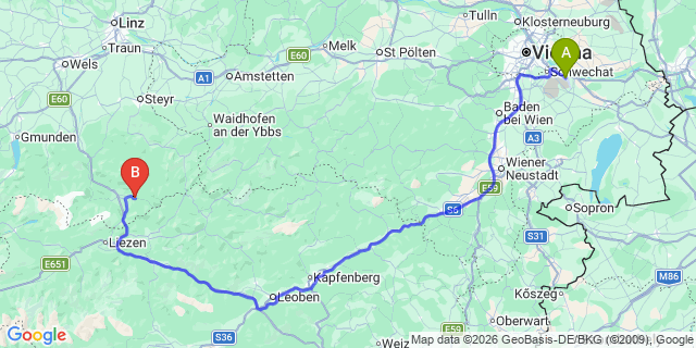 Map: Vienna Airport (VIE) to Rosenau am Hengstpaß