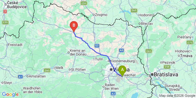 Map: Vienna Airport (VIE) to Rosenburg-Mold