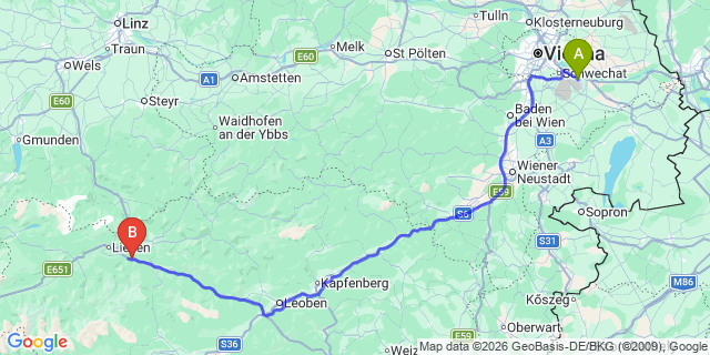 Map: Vienna Airport (VIE) to Rottenmann