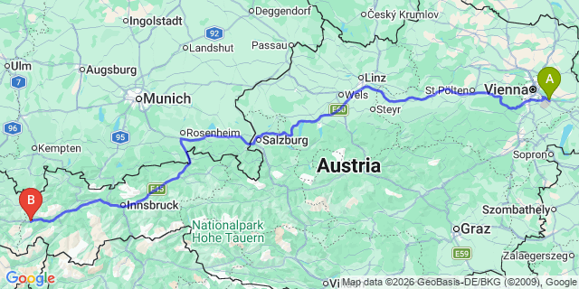 Map: Vienna Airport (VIE) to Sankt Anton am Arlberg