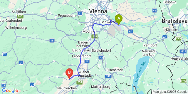 Map: Vienna Airport (VIE) to Sankt Egyden am Steinfeld
