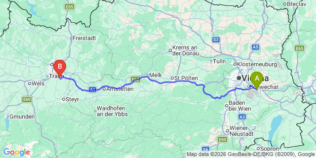 Map: Vienna Airport (VIE) to Sankt Florian