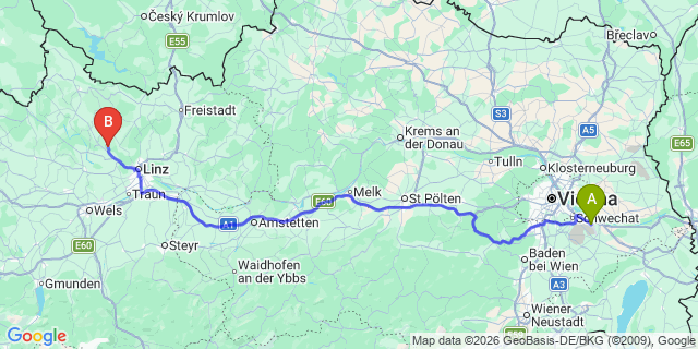 Map: Vienna Airport (VIE) to Sankt Gotthard im Mühlkreis