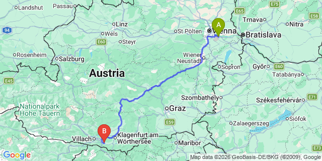 Map: Vienna Airport (VIE) to Sankt Jakob im Rosental
