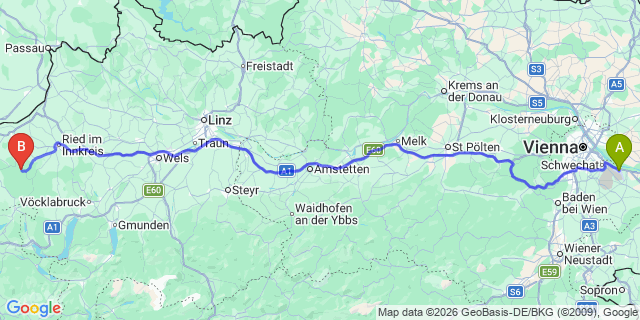 Map: Vienna Airport (VIE) to Sankt Johann am Walde