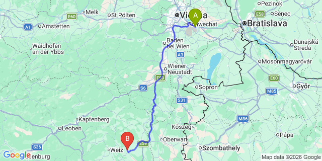 Map: Vienna Airport (VIE) to Sankt Johann bei Herberstein