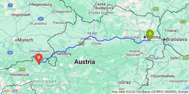 Map: Vienna Airport (VIE) to Sankt Johann in Tirol