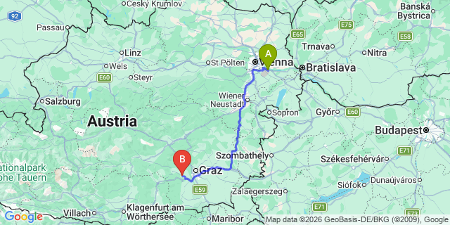 Map: Vienna Airport (VIE) to Sankt Johann ob Hohenburg