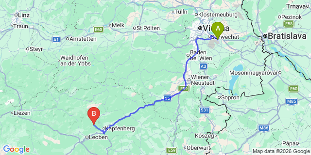 Map: Vienna Airport (VIE) to Sankt Katharein an der Laming